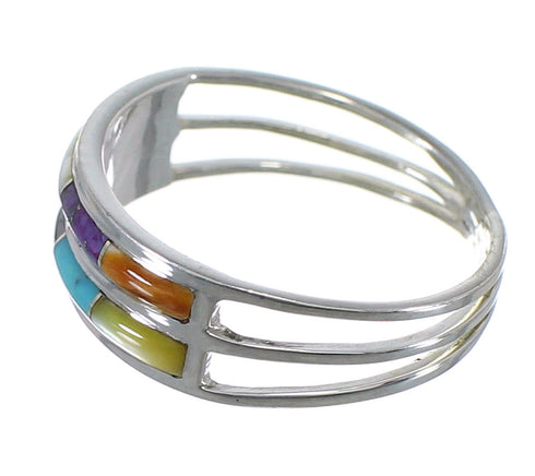 Silver Southwestern Multicolor Inlay Ring Size 7-3/4 QX76019